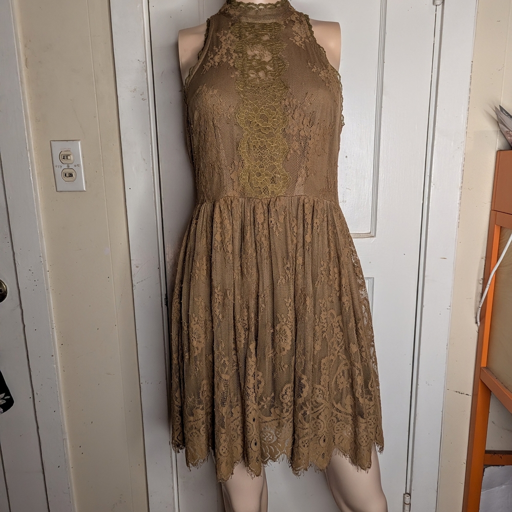 Free People Verushka High Neck Lace Mini Dress Golden Honey Size S